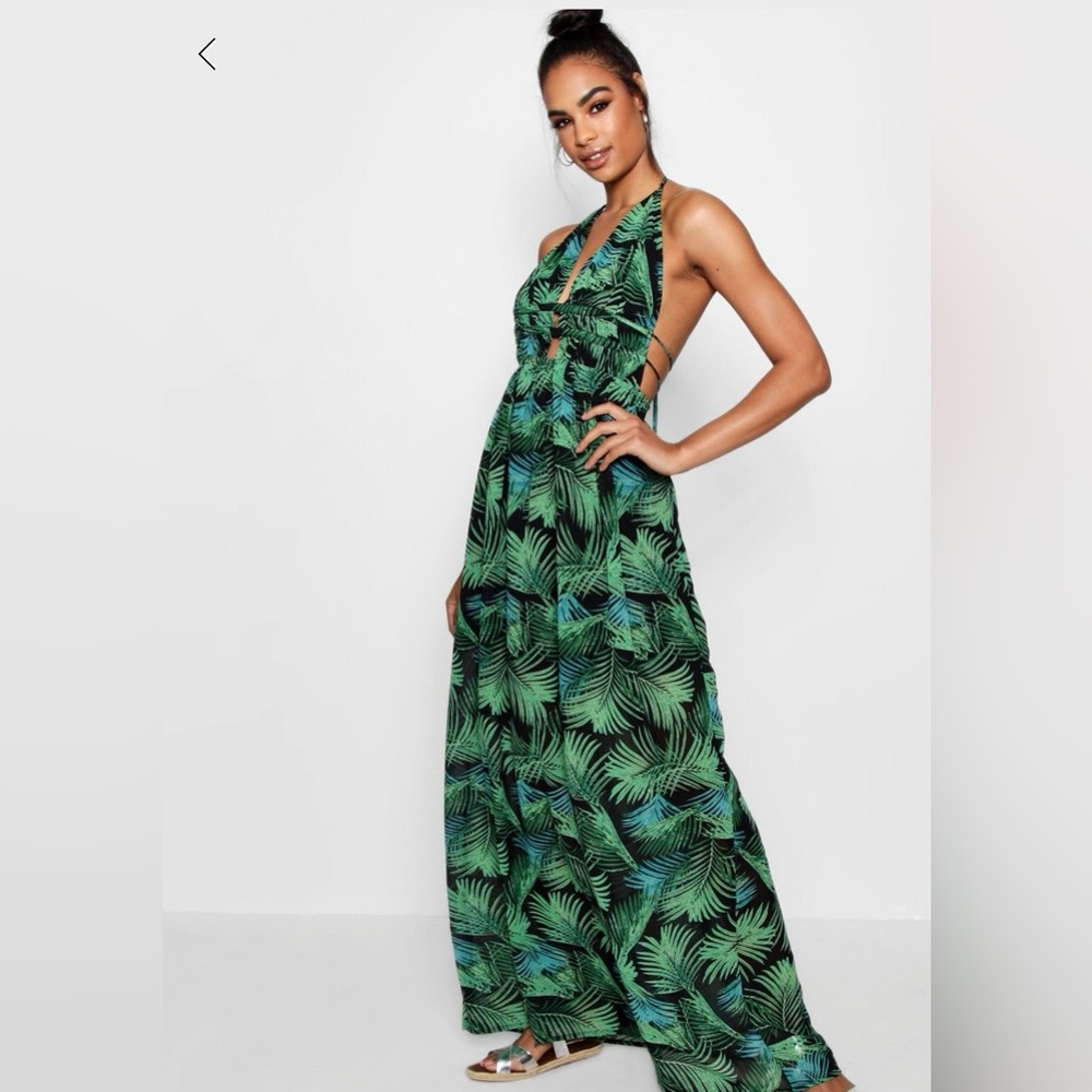 Boohoo Tall Plunge Front Palm Print Maxi Dress Brand New With Tags